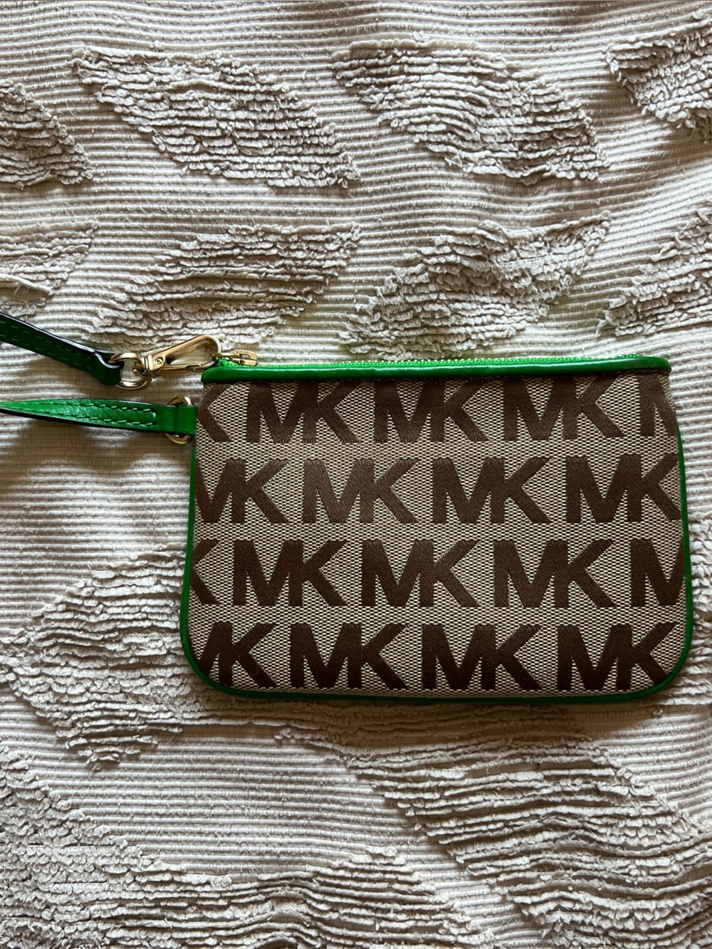 Michael Kors Brown MK Logo Wristlet with Green Trim